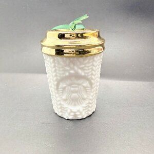 Starbucks 2016 Christmas Holiday Ornament Gold Lid Cream Knit Corded Sweater